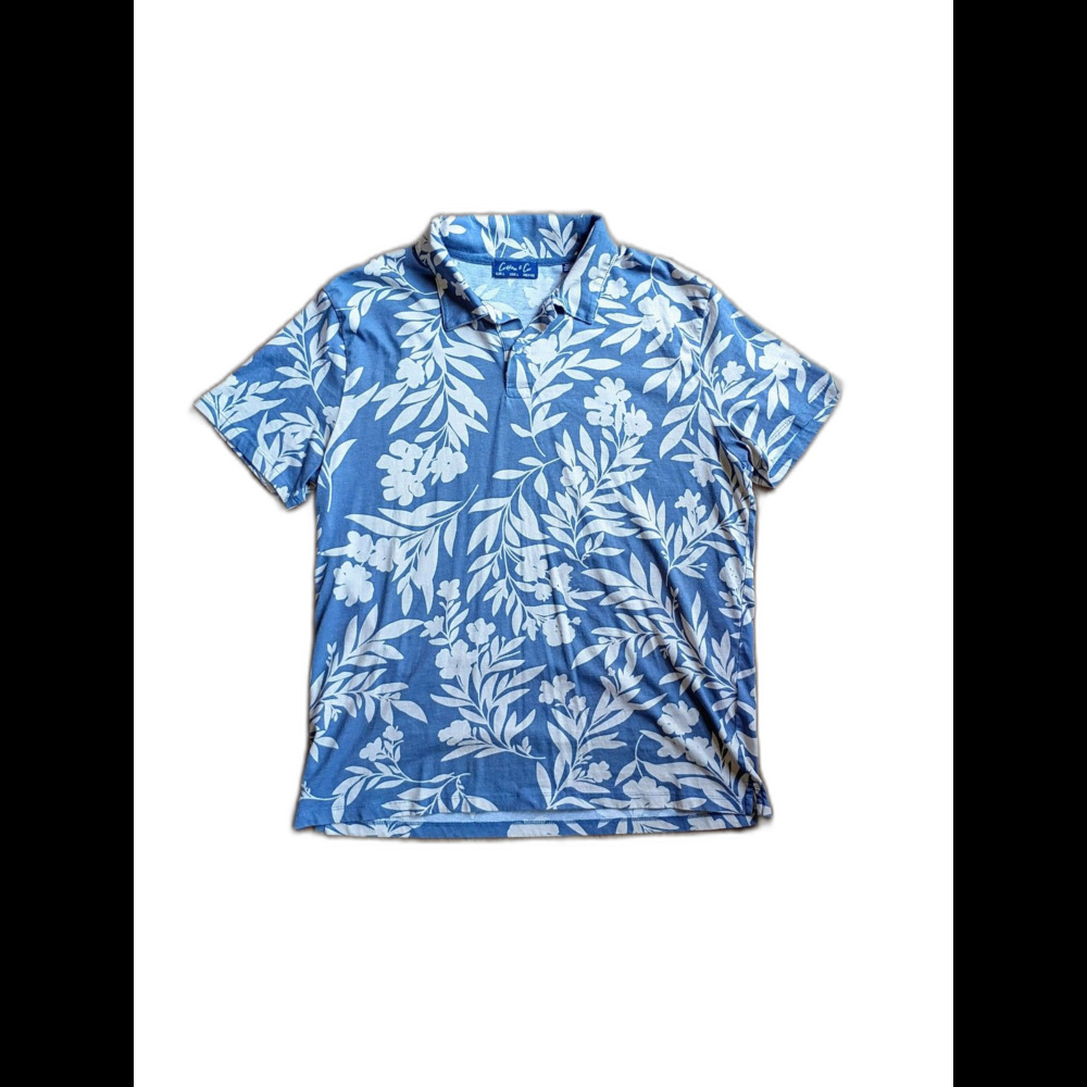 Cotton & Co Hawaiian Floral Polo Shirt Blue Mens L